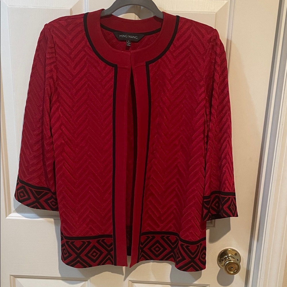 Ming Wang Red Cardigan with Black Accents